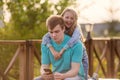 Little cute sister hugs older brother during their summer walk, brothers love, family relationships, relationship in fact, Royalty Free Stock Photo