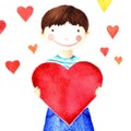 Little cute smiling boy holding a big red heart in his hands. Charity. Isolated watercolor drawing