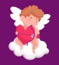 Little cute cupid boy character sitting on a cloud with a love bow in hands valentines day vector illustration clipart