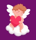 Little cute cupid boy character sitting on a cloud with a red heart in hands valentines day vector illustration clipart
