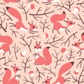 Little cute squirrels in the fall forest. Seamless autumn pattern for gift wrapping, wallpaper, childrens room or
