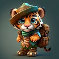 Little cute tiger dressed as an explorer style 3D