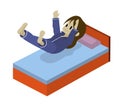 Little cute vector girl jumping on the bed. Logo for mattresses and bedding