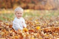 Little cute 3-4-year-old blonde girl child sits on fallen leaves and smiles while walking in the autumn park Royalty Free Stock Photo