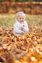 Little cute 3-4-year-old blonde girl sits on fallen leaves and smiles while walking in the autumn park Royalty Free Stock Photo