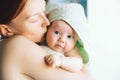 Cutest baby after bath with towel on head. Royalty Free Stock Photo