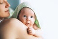 Cutest baby after bath with towel on head.