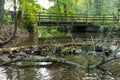 Little dam infront of an old bridge over a little creek or forest brook with a big branch in the water and rocks with foliage Royalty Free Stock Photo