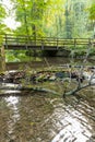 Little dam infront of an old bridge over a little creek or forest brook with a big branch in the water and rocks with foliage Royalty Free Stock Photo