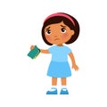 Little dark skin girl with empty wallet in hand. Upset poor child cartoon character.