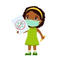 Little dark skin girl with medical mask holding paper sheet with virus image.