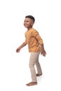 Little dark skinned African running boy wearing yellow shirt and bare feet, isolated