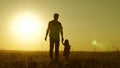 Little daughter and dad walk around field holding hands. child holds father`s hand. dad and baby are resting in the park Royalty Free Stock Photo