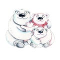 Little daughter hugs her parents. Family of polar bears. Watercolor. Family look Number three