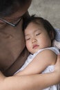 Little daughter lying on moms arm sleeping