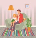 Dad and daughter spend time together. A father is combing his daughter s hair. Flat vector image.