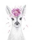 Little Deer. Pencil Draw. Woodland Animal with Watercolor flower. Nursery dÃÂ©cor