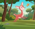 Little deer. Wild funny animal outdoor playing with colored butterfly Vector cartoon background