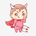 Little demon cartoon. Kawaii smiling cute demon with horns in a red cloak with a trident. Royalty Free Stock Photo