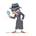 Little detective woman snoop magnifying glass tec search help female cartoon character design isolated vector Royalty Free Stock Photo