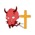 Little devil being afraid of a cross