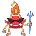 Little devil with fire on his head carrying a spear wants to do evil, doodle icon image kawaii