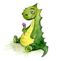 Little Dino character eating ice cream, green Dinosaur illustration in watercolor technique suitable for any kids stuff design