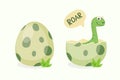 Little Dino. Hatched Little Dinosaur Baby, Child, Kid. Diplodocus, Dinosaur Egg. Cartoon Brontosaurus. Vector Cute and