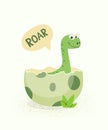 Little Dino. Hatched Little Dinosaur Baby, Child, Kid. Diplodocus, Dinosaur Egg. Cartoon Brontosaurus. Vector Cute and