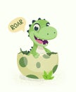 Little Dino. Hatched Little Dinosaur Baby, Child, Kid. Tirannosaur Tirex, Dinosaur Egg. Cartoon T-Rex. Vector Cute and