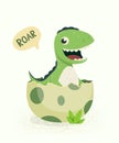 Little Dino. Hatched Little Dinosaur Baby, Child, Kid. Tirannosaur Tirex, Dinosaur Egg. Cartoon T-Rex. Vector Cute and