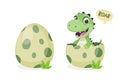 Little Dino. Hatched Little Dinosaur Baby, Child, Kid. Tirannosaur Tirex, Dinosaur Egg. Cartoon T-Rex. Vector Cute and