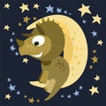 Little dinosaur cub sits on the moon. Starry night sky . Cheerful kind animal baby dino. Cartoons flat style