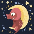 Little dinosaur cub sits on the moon. Starry night sky . Cheerful kind animal baby dino. Cartoons flat style