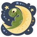 Little dinosaur cub sits on the moon. Starry night sky Isolated object on white background. Cheerful kind animal baby Royalty Free Stock Photo