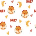 Little dinosaur seamless pattern. Cute little dinosaur in egg, hearts, moon and lettering. Print for fabric, textile, apparel, Royalty Free Stock Photo