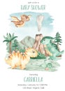 Watercolor baby shower with toddler dinosaur stegosaurus, parasaurolophus, pterodactyl and prehistoric landscape