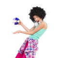 Little DJ girl in afro wig Royalty Free Stock Photo