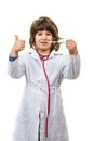 Little doctor giving thumbs and show syringe Royalty Free Stock Photo