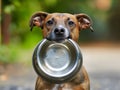 little dog asks for food holding his plate in his mouth