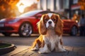 Little Dog on car parking, Lonely Sad Cavalier King Spaniel,lost on street stands in middle of street with cars, AI