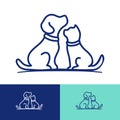 Little dog and cat line art illustration as pet care, rescue, adoption, veterinary logo with some color variations Royalty Free Stock Photo