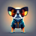 Little dog confidently look with big, cool glasses, making a fashion statement while around in its stylish overcoat