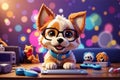 little dog with glasses playing on a computer keyboard colorful background 3d drawing