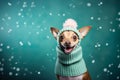 Little Dog in a knitted Blue scarf or snood and hat on Blue Snow background. Pet Shop winter concept. Banner