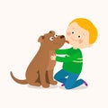 A little dog licking a boy`s cheek. Best friends. Cartoon vector hand drawn clip art illustration on white background. Royalty Free Stock Photo