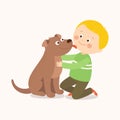 A little dog licking a boy`s cheek. Best friends. Cartoon vector hand drawn clip art illustration on white background. Royalty Free Stock Photo