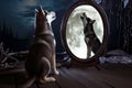 a little dog puppy standing in front of a mirror, what you see inside the mirror is a giant wolf howling to the Moon Generative AI Royalty Free Stock Photo