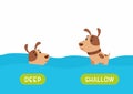 Little dog swimming cartoon illustration. Educational english flash card with antonyms flat vector template. Royalty Free Stock Photo