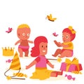 Little dolls collection banner vector illustration. Toy in dress with butterflies on background. Childhood baby toys